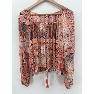 Guess Women's Long Sleeve Sz L Satin Blouse Boho Tie Waist Floral Print FF53